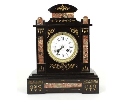 French black slate and coloured marble two train mantel clock striking on a bell,&nbsp;the 3.75" white dial within a stepped 