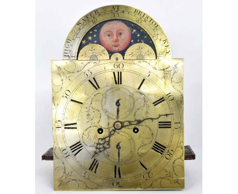 Eight day longcase clock movement, the 12" brass arched dial signed Jonathan Ward, Stroud to the foliate engraved centre with
