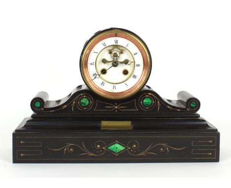 Small French black slate drumhead two train mantel clock striking on a bell, the 3.75" white chapter ring enclosing a recesse