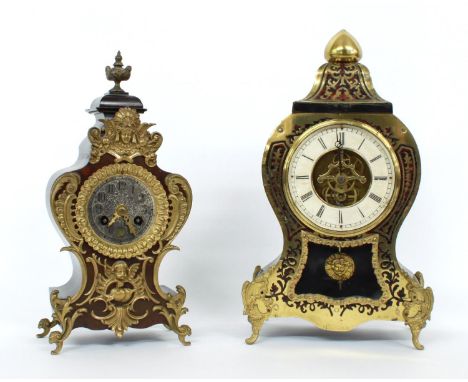 French Boulle mantel clock timepiece,&nbsp;the 4.25" silvered dial enclosing a skeletonised centre, within a balloon shaped c