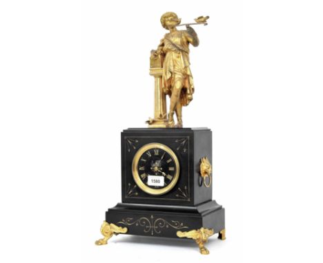 French black slate and gilt metal mounted figural two train mantel clock, the Japy Freres movement with outside countwheel an