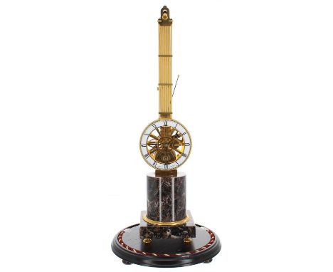French contemporary ormolu and coloured marble swinging pendulum clock, the 4? white chapter ring enclosing a skeletonized ce