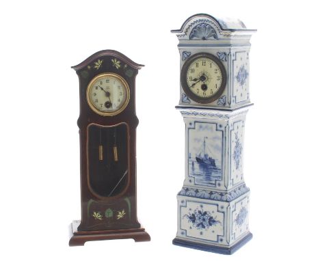 Miniature longcase clock,&nbsp;the 2" cream dial within a Dutch style blue and white pottery case with Ansonia movement, 12.2