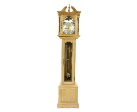 Contemporary light oak three train grandmother clock, the 9" brass arched dial signed Emperor Clock Co. Ltd, Ascot, the case 