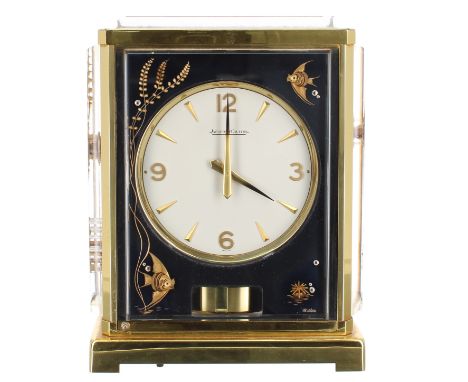 Jaeger Le Coultre Marina model Atmos clock, the 4.25" white dial within a relief glazed panelled case decorated with gilded m