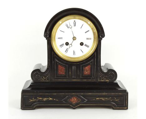 Small attractive French black slate and red marble two train mantel clock striking on a bell, the 3.75" white dial within a s