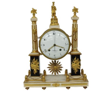 Good French marble and ormolu mounted two train mantel clock, the 8.5" convex white dial with centre seconds signed Monnot á 