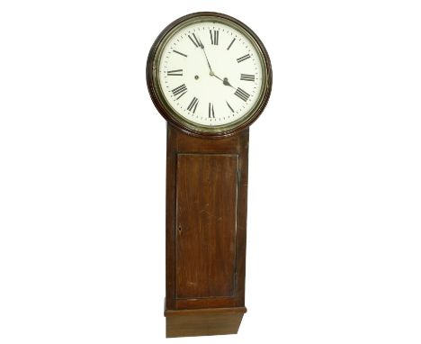 Good mahogany two train trunk dial wall clock, the 16" white dial within a cast bezel and wooden turned surrounds over a long