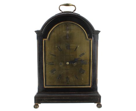 Good English ebonised double fusee bracket clock, the 8" brass arched dial and movement back plate both signed Whitehurst, De