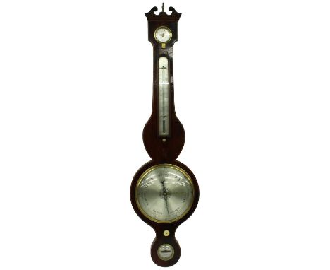 Mahogany&nbsp;four glass wheel barometer signed Cetti, London, the principal 8" silvered dial within a shaped case inlaid wit