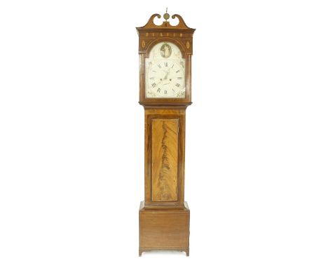 Mahogany eight day longcase clock, the 14" painted arched dial signed Jas Foulds, Kilmarnock, with subsidiary seconds and cal