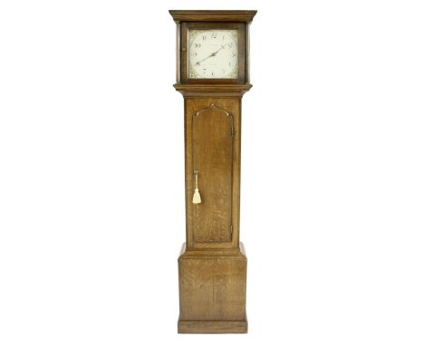 Oak thirty hour longcase clock, the 11" square painted dial indistinctly signed ...., Beckington, the case with long wavy poi