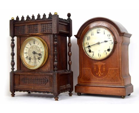 Oak Arts &amp; Crafts style two train mantel clock, the Lenzkirch movement striking on a gong, 4.5" silvered engraved dial wi