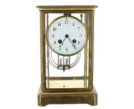 French brass four glass two train mantel clock, the S. Marti movement striking on a gong, the 4" white dial within a bevelled