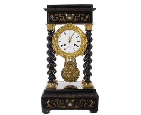 French ebonised and inlaid two train portico mantel clock, the movement with outside countwheel striking on a bell, the 4" wh