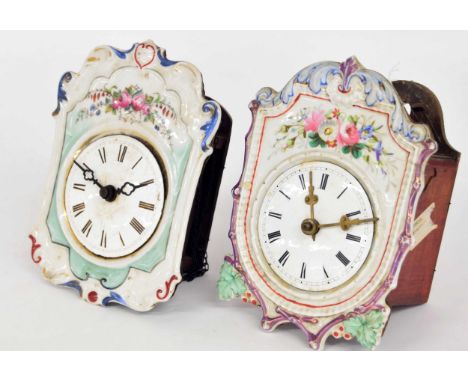 Small Black Forest clock&nbsp;striking on a bell above the movement,&nbsp;the 3.75" enamel dial within a painted porcelain su