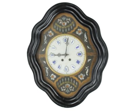 French vineyard two train wall clock, the 9.5" onyx dial with Roman cartouche enamel numerals, within an inlaid flat surround