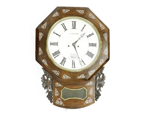 Rosewood and mother of pearl inlaid double fusee drop dial wall clock signed J-W-Sharp, Parade, Birmingham, within an octagon