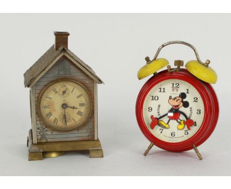 Seth Thomas novelty alarm mantel clock timepiece in the form of a house, 7.25" high; also a Mickey Mouse alarm clock (2) 