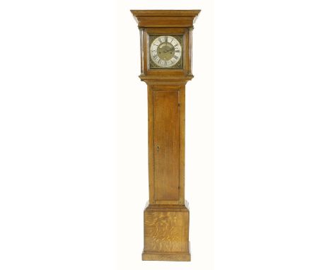 Oak eight day longcase clock, the 10" square brass dial signed John Warner, Draycott on a silvered arched plate to the matted