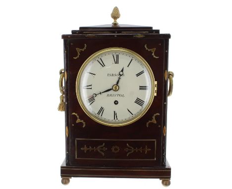 Rosewood single fusee bracket clock, the 6" convex white dial signed Parsons, Bristol, within a stepped case inlaid with styl