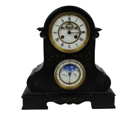 Good French black marble two train calendar mantel clock striking on a bell, the 5.5" white chapter ring enclosing a recessed