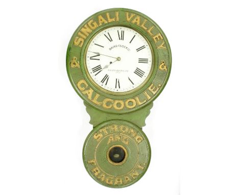 American advertising single train drop dial wall clock signed Baird Clock Co. Plattsburg N.Y., no. 15 on the dial,&nbsp;withi
