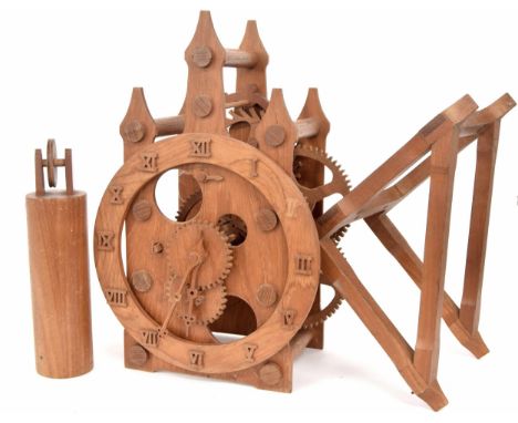 Contemporary wooden single train wall clock and bracket,&nbsp;the 11" chapter ring enclosing a partly skeletonised centre rev