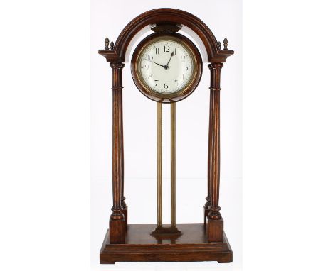 Oak cased portico gravity clock, the 3.5" white dial within a globe casing fixed to a brass toothed fall, within a case with 