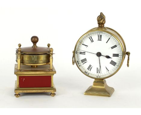 French brass drumhead pillar mantel clock timepiece, the 4.5" white dial with centre seconds; also a contemporary brass table