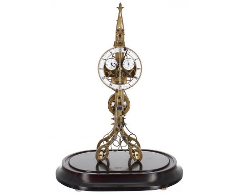 Contemporary brass single fusee scissor action skeleton clock, the 4.5? white chapter ring signed John Wilding, England, encl