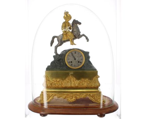 French ormolu and bronzed two train mantel clock, the movement with outside countwheel and silk suspension striking on a bell