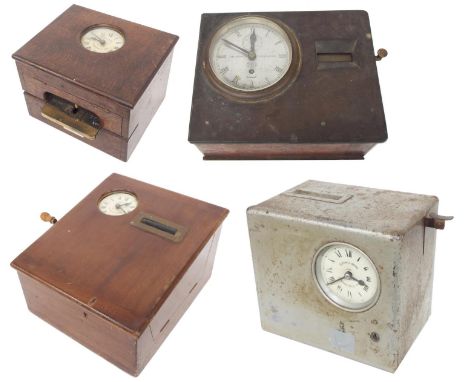 Rare Kosmoid Patented time recorder, the 5.5" silvered dial with subsidiary seconds dial, within an oak case with hinged meta