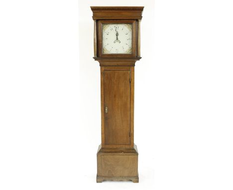 Mahogany thirty hour longcase clock, the 12" painted square dial signed Hancock, Yeovil, the case with long door and the hood