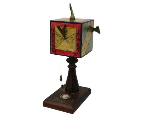 Interesting and unusual five-sided pedestal cube sundial, supported upon a scratch turned baluster column and rectangular bas