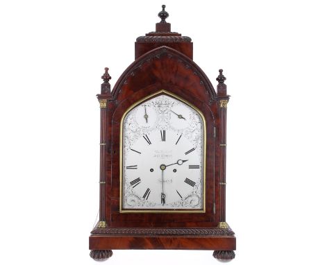 Good English mahogany double fusee gothic bracket clock with bracket,&nbsp;the 8" printed arched dial signed Clem.t Gowland, 