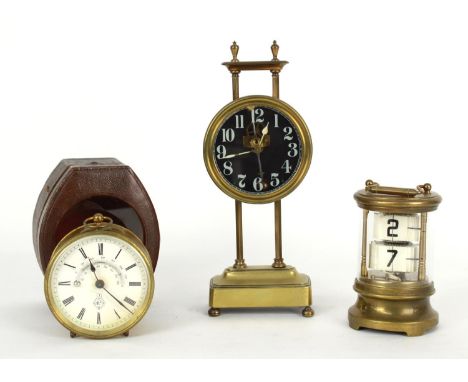 Interesting brass cased drumhead travelling mantel clock timepiece with thermometer and registration lozenge; within a Morocc