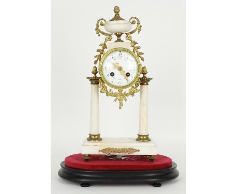 French ormolu and white marble two train drumhead portico mantel clock, the Samuel Marti movement with outside countwheel and