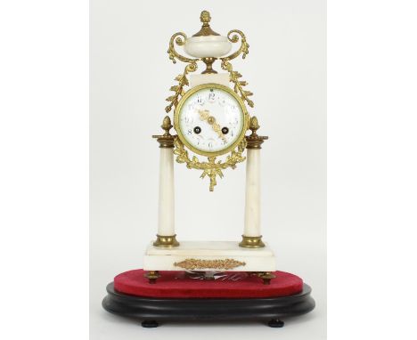 French ormolu and white marble two train drumhead portico mantel clock, the Samuel Marti movement with outside countwheel and