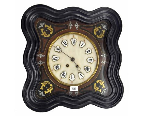 French vineyard two train wall clock&nbsp;striking on a gong, the 9.5" alabaster dial with Roman cartouche enamel numerals, w