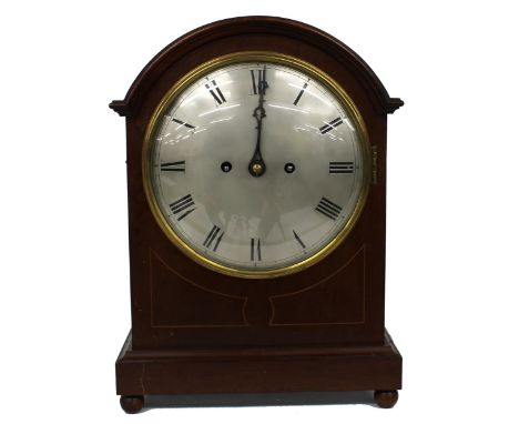 Mahogany double fusee mantel clock striking the hours and quarters on five gongs, the movement with pull repeat, the 8" silve
