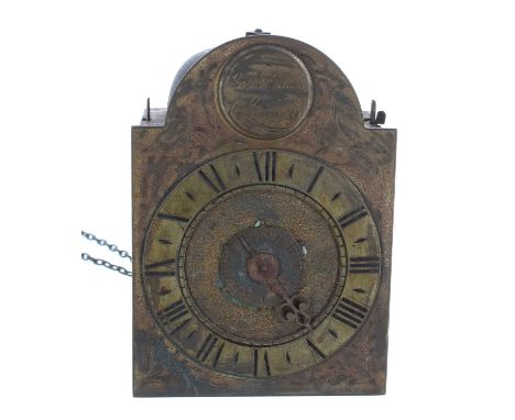 Interesting small English hook and spike brass verge lantern clock with alarm, the 3.5" brass arched dial signed Robt. Allam,