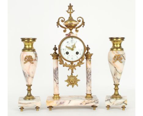 French gilt metal and black veined marble two train portico mantel clock garniture striking on a bell, the 3.5" white painted