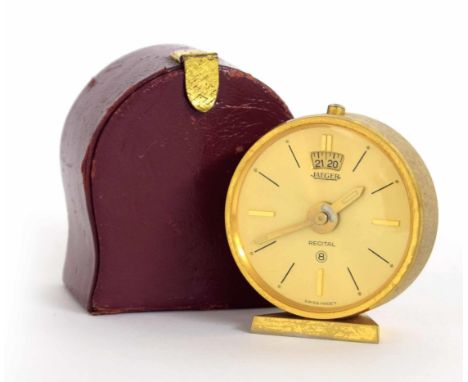 Jaeger-LeCoultre Recital 8-day alarm travel clock ,&nbsp;the 1.75" gilt dial with calendar aperture and within a gilt casing 