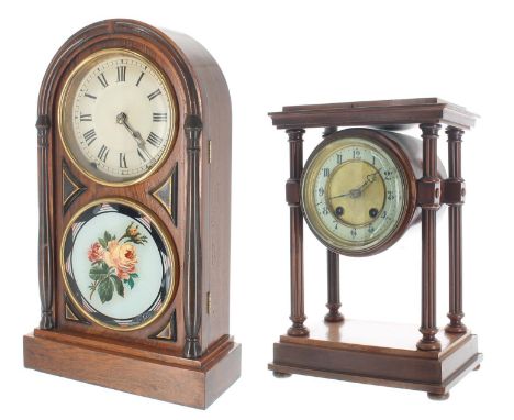 Mahogany portico two train drumhead mantel clock striking on a bell, 11.75" high (pendulum); also a Seth Thomas two train she