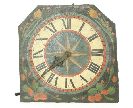 Interesting&nbsp;early German verge hoop and spike iron cased wall clock, the 10" painted square dial with canted top corners