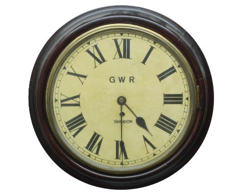 Great Western Railway (G.W.R) single fusee 12" wall dial clock, inscribed 'G W R, Swindon', within a turned surround (pendulu