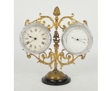 Small gilt metal and chrome cased Guilmet clock/barometer compendium, the clock back plate stamped Medaille Dor GDGD GLT...Pa