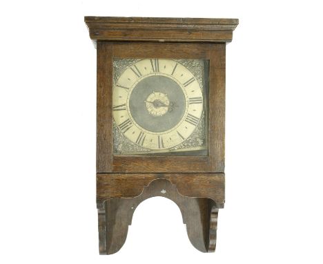 Early English oak cased hooded single train wall clock with alarm, the 8" square brass dial signed James Norman, Charminster 