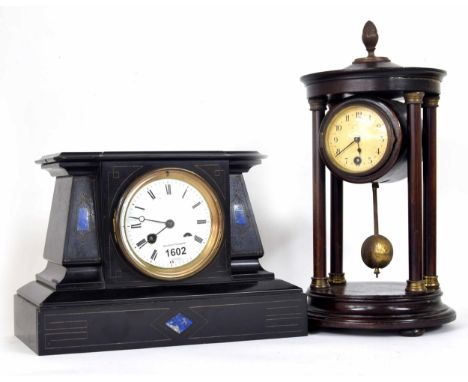 French black slate and lapis lazuli two train mantel clock in the Egyptian taste, the Japy Freres movement striking on a bell